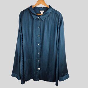 J. Jill Pleated Blouse 4X Button-Down Teal Blue Long-Sleeve Office Professional
